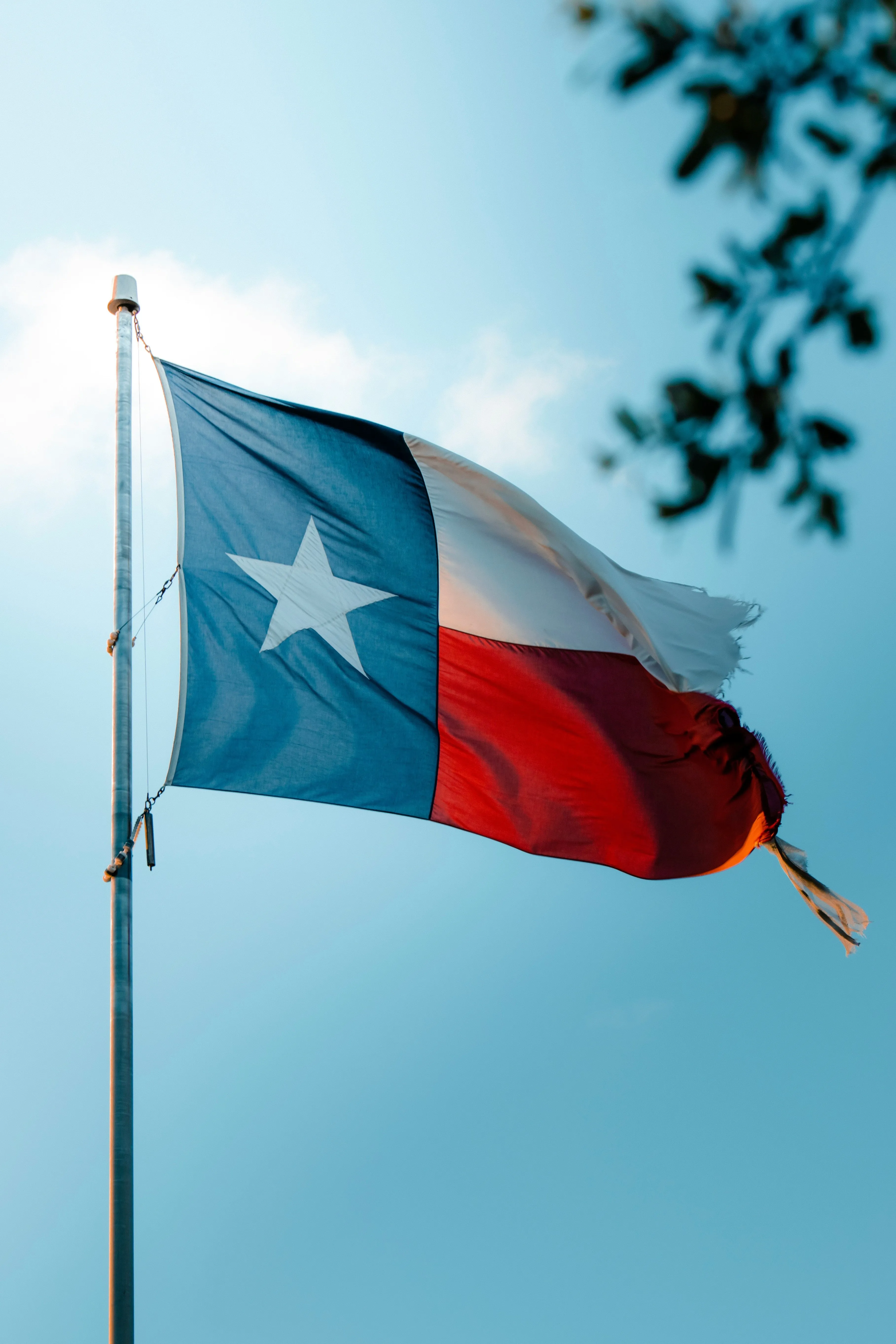 Texas flag under a blue sky
